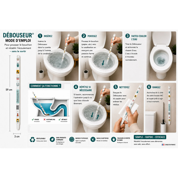 Débouseur - Déboucheur WC Manuel Réutilisable