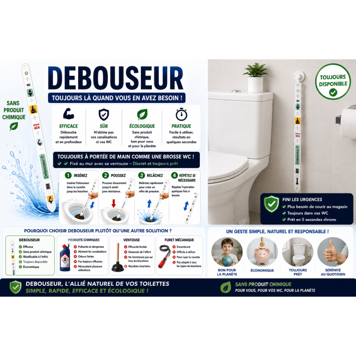 Débouseur - Déboucheur WC Manuel Réutilisable